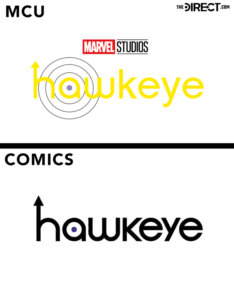 Two images. First: The logo for Hawkeye in the MCU. It is yellow, in all lowercase, and has an arrow coming out of the top of the