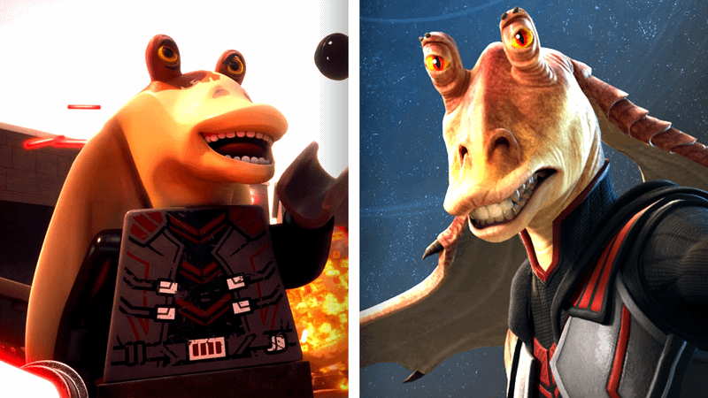 Darth Jar Jar in LEGO Star Wars next to Darth Jar Jar in Fortnite