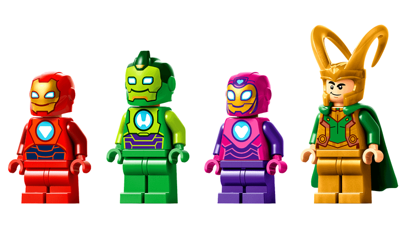 The minifigures for the Loki vs. Team Iron Man set.