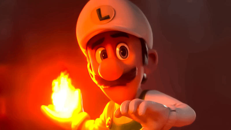 Luigi with a fireball in his hands in The Super Mario Galaxy Movie.