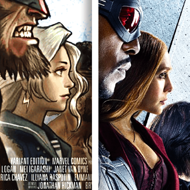 Maystorm on the Ultimate Endgame cover and Scarlet Witch on the Captain America: Civil War poster.
