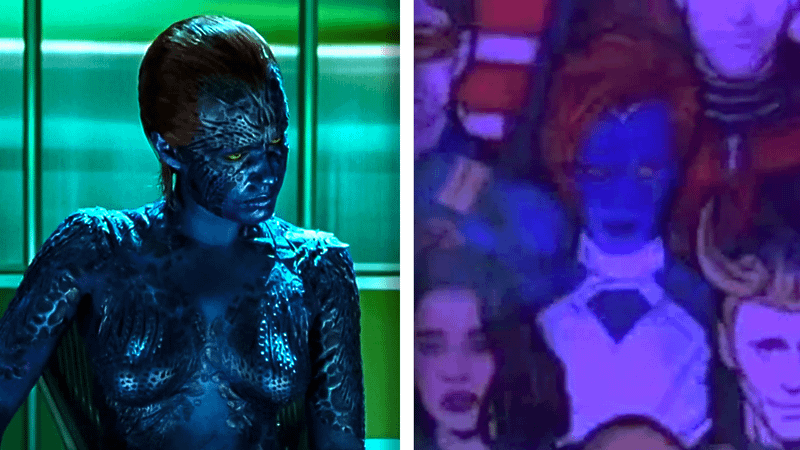 Mystique in her original form and in Avengers: Doomsday marketing material.