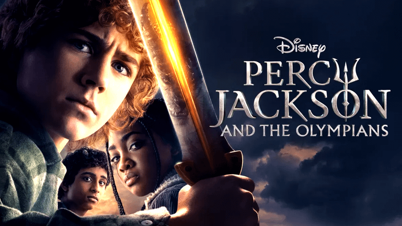 Walker Scobell as Percy Jackson, Aryan Simhadri as Grover Underwood, and Leah Sava Jeffries as Annabeth Chase in Percy Jackson and the Olympians poster