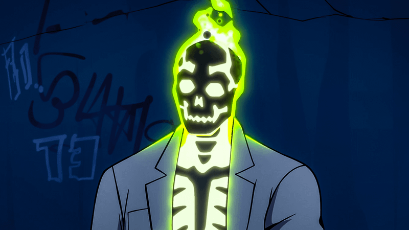 Doctor Phosphorus wears a gray jacket, his skeletal body and skull glowing green, in Creature Commandos.