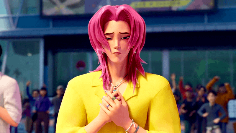 Romance Saja holind his hands to his heart in a crowd of people in K-Pop Demon Hunters