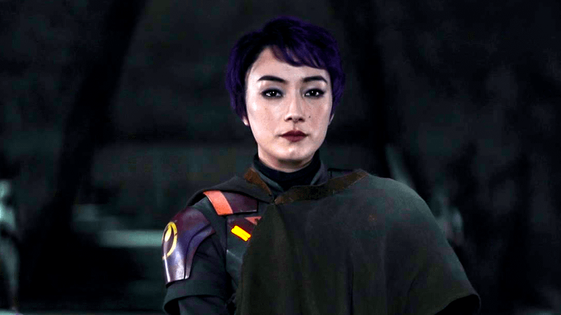 Natasha Liu Bordizzo as Sabine Wren in armor with cloak in Ahsoka.