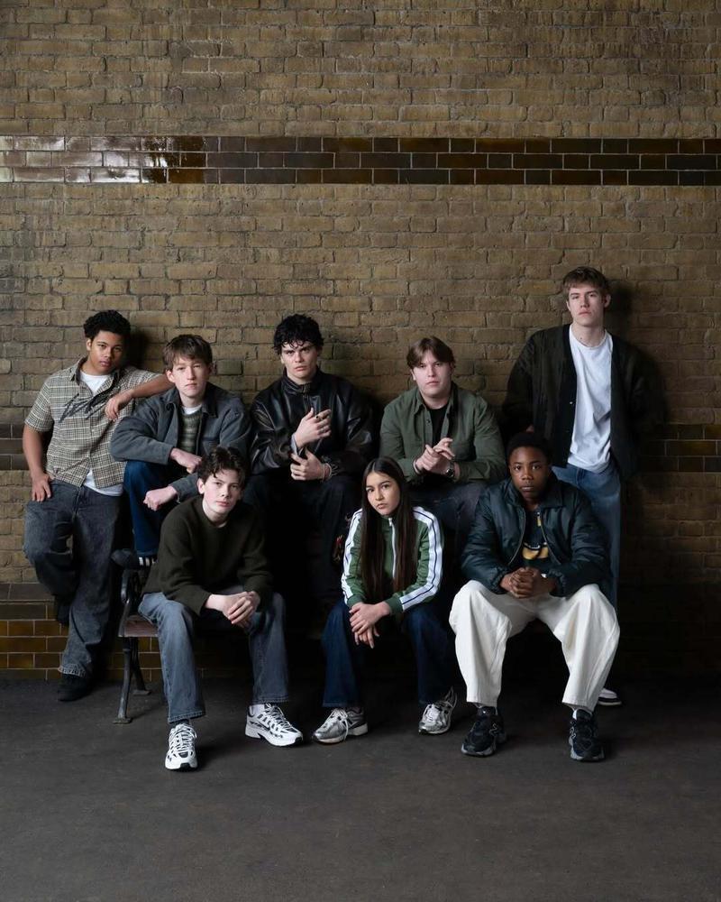 Eddison Burch (Miles Bletchley), James Dowell (Lucian Bole), Oliver Croft (Marcus Flint), Dylan Heath (Adrian Pucey), Henry Medhurst (Peregrine Derrick). Bottom Row (left to right): Cornelius Brandreth (Terence Higgs), Laila Barwick (Pansy Parkinson), D’angelou Osei-Kissiedu (Graham Montague) in 'Harry Potter' series.