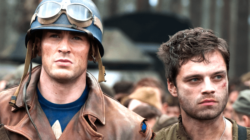 Chris Evans as Steve Rogers and Sebastian Stan as Bucky Barnes in Captain America: The First Avenger
