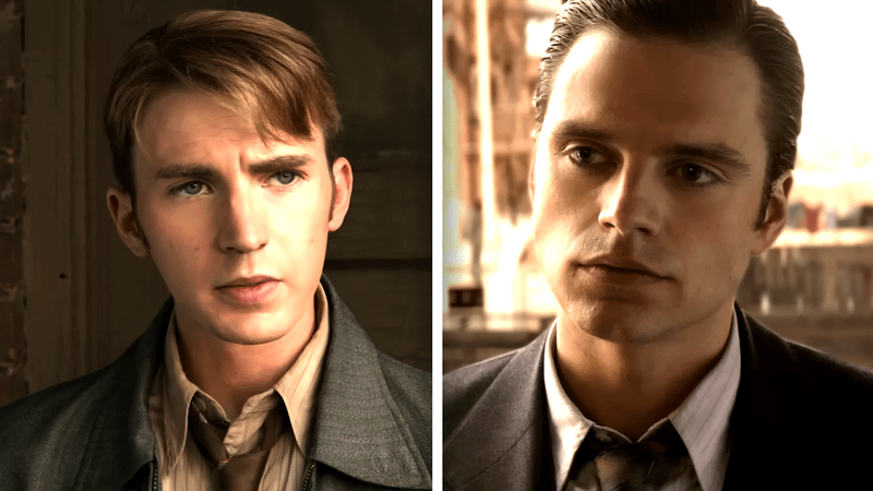 Chris Evans as Steve Rogers, Sebastian Stan as Bucky Barnes in Captain America: The Winter Soldier
