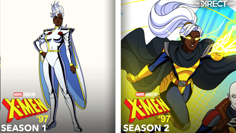 Storm white costume from 'X-Men '97' Season 1, Storm black and yellow costume from 'X-Men '97' Season 2.