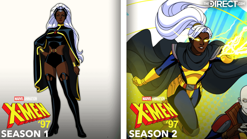 Storm black costume from 'X-Men '97' Season 1 with cape, Storm black and yellow costume from 'X-Men '97' Season 2.