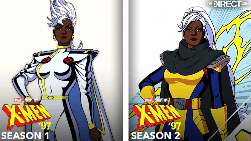 Storm white costume from 'X-Men '97' Season 1 close up, Storm blue and yellow costume with black cape from 'X-Men '97' Season 2.