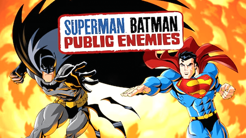 Superman and Batman surrounded by fire in Superman/Batman: Public Enemies