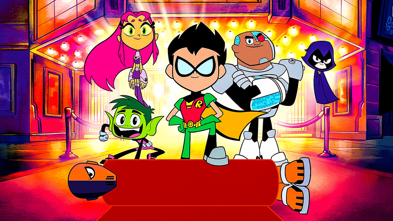 The Teen Titans team walking out of a movie theater in Teen Titans Go! To the Moviese