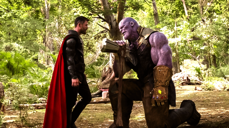 Thro plants Stormbreaker in Thanos' chest in Infinity War.