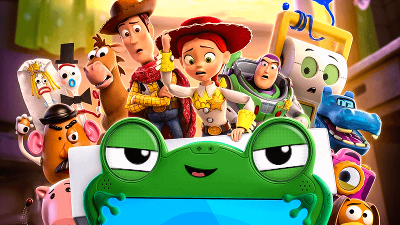 Toy Story 5 poster with Woody, Jessie, Buzz, Lilypad and more.