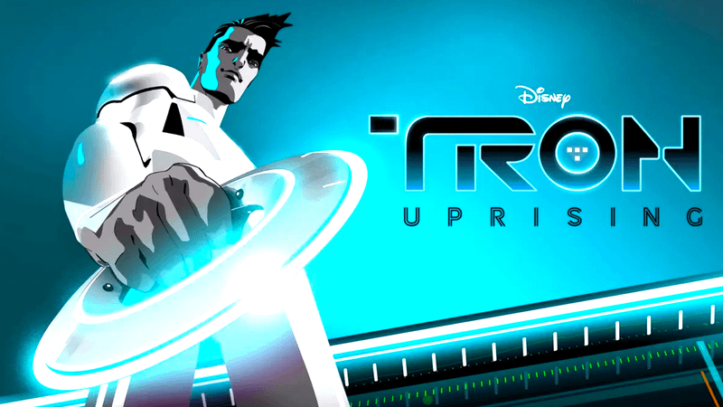 The Tron: Uprising posted with Beck holding a disk and looking down at the camera