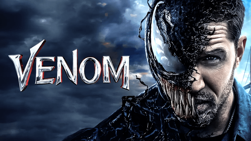 Tom Hardy as Eddie Brock, with Venom taking over the left half of his face.
