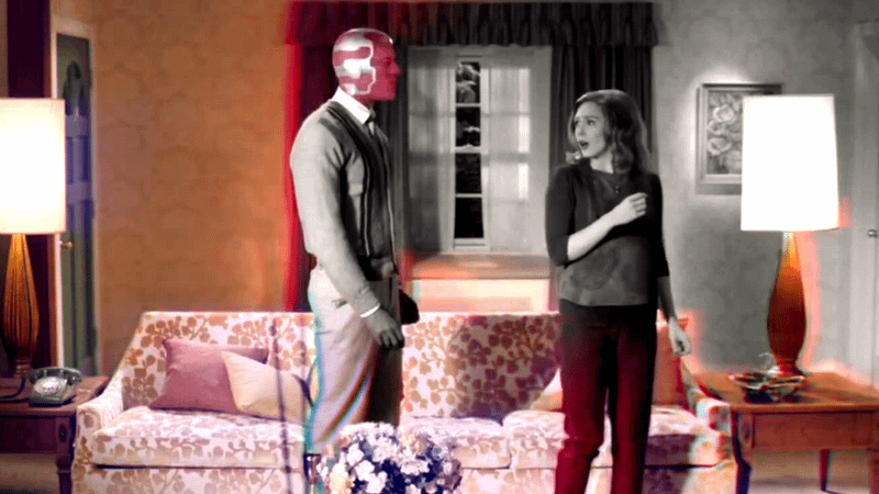 Paul Bettany as Vision & Elizabeth Olsen as Wanda Maximoff in WandaVision Episode 2.