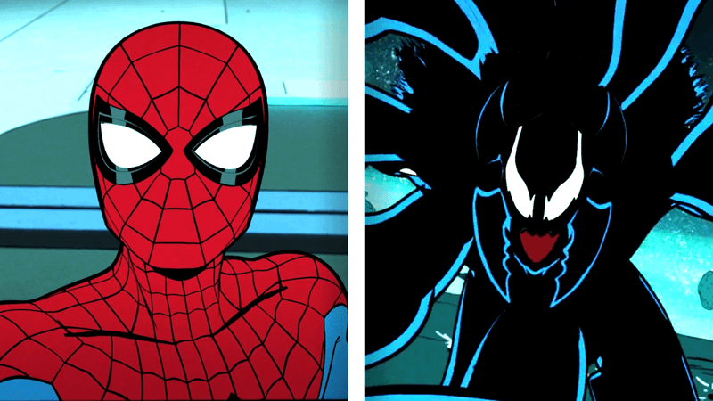 Close-up of Peter Parker's Spider-Man in Your Friendly Neighborhood Spider-Man; A Venom-like symbiote in season 1 of the show.