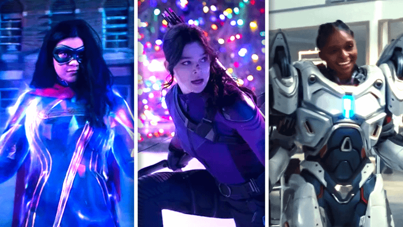 Iman Vellani as Ms. Marvel from Ms. Marvel, Hailee Steinfeld as Kate Bishop from Hawkeye, and Dominique Thorne as Riri Williams from Ironheart