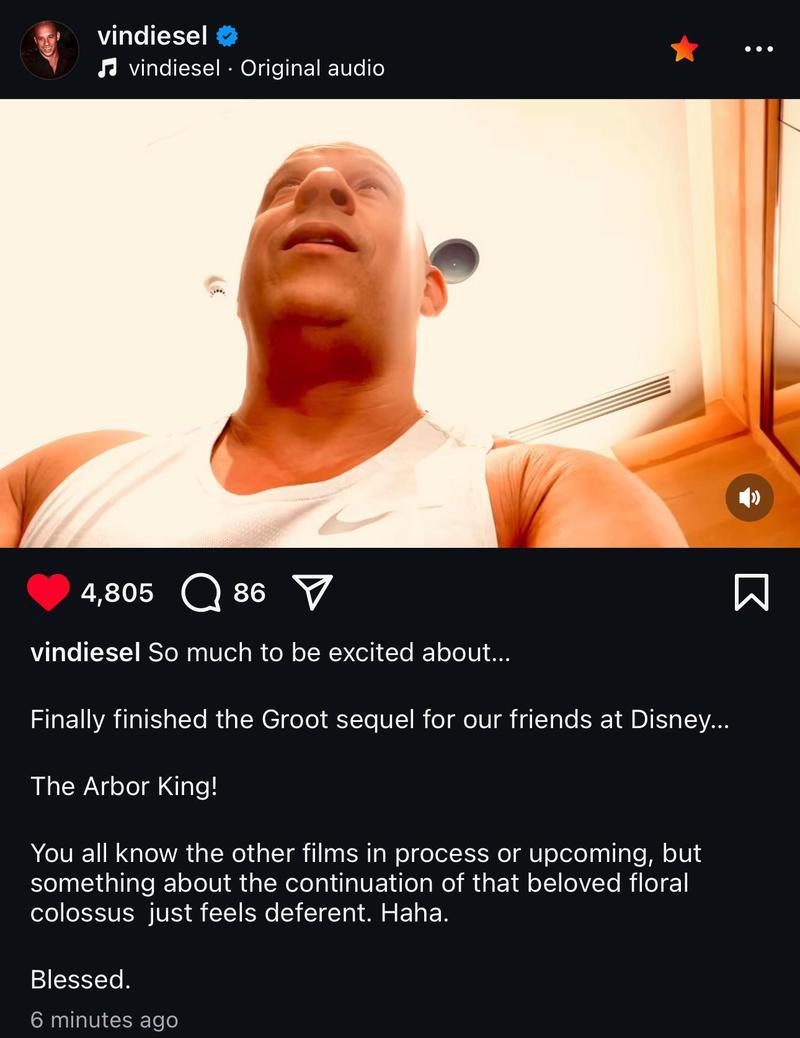 Vin Diesel Instagram post with caption below it