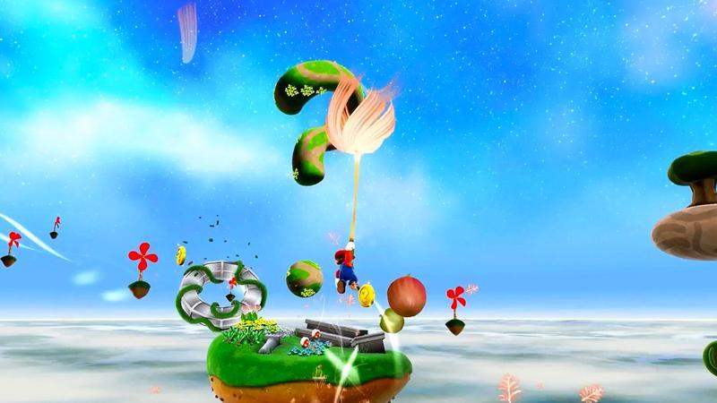 Mario flying on a flower in Gusty Garden Galaxy in Super Mario Galaxy