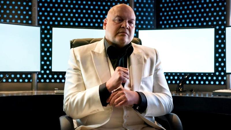 Vincent D'Onofrio as Kingpin sitting in a desk chair in Daredevil: Born Again.