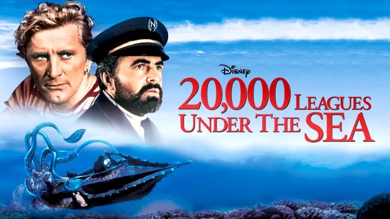 20,000 Leagues Under the Sea title with the ocean and a submarine being attacked by a squid