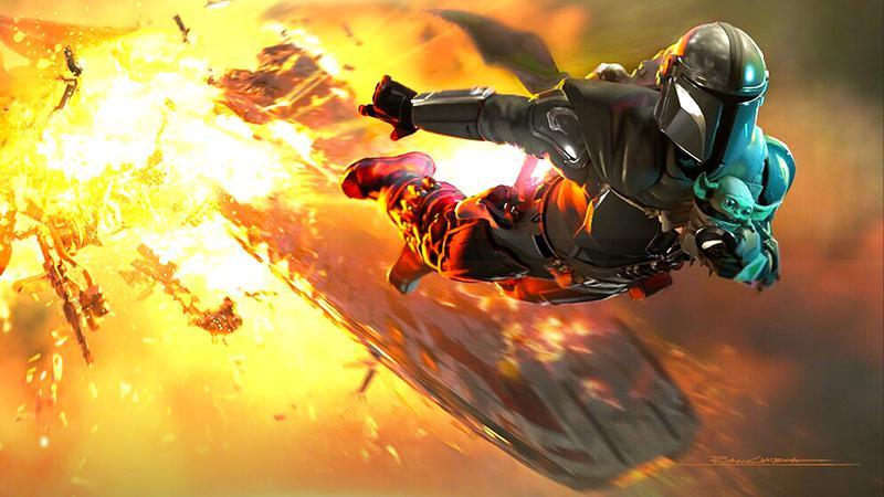 Mando flying away from an explosion with Grogu under his arm in The Mandalorian & Grogu