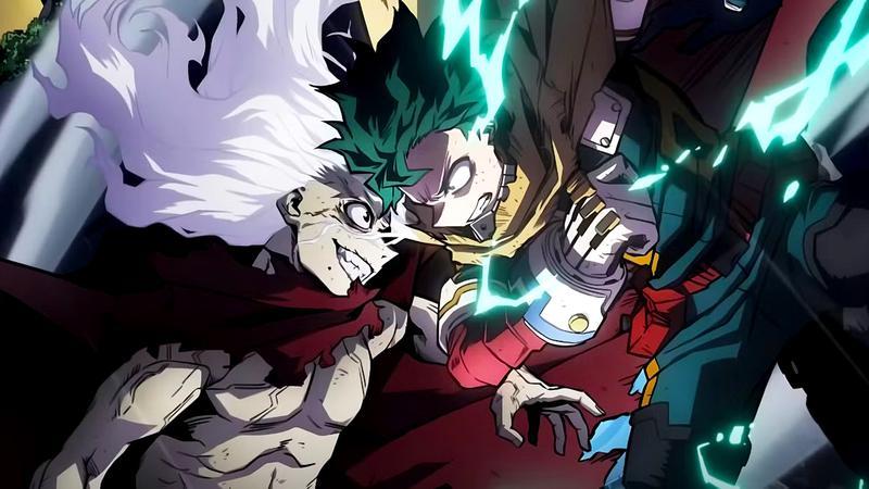 Deku fighting a villain with lightning in My Hero Academia