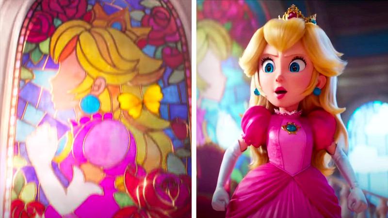 A comparison of a Peach stained glass window and Peach in The Super Mario Movie
