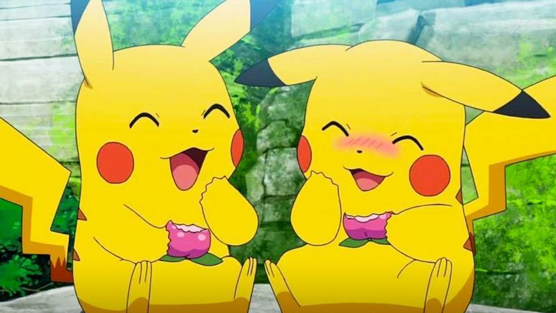 Two Pikachu eating a snack in Pokemon
