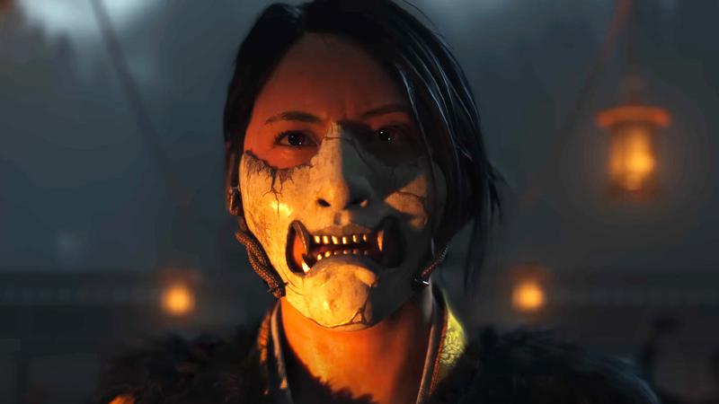 Atsu in a mask in lantern light in Ghost of Yotei