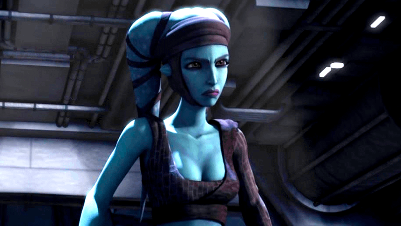 Aayla Secura standing in a ship's hull in Star Wars: The Clone Wars