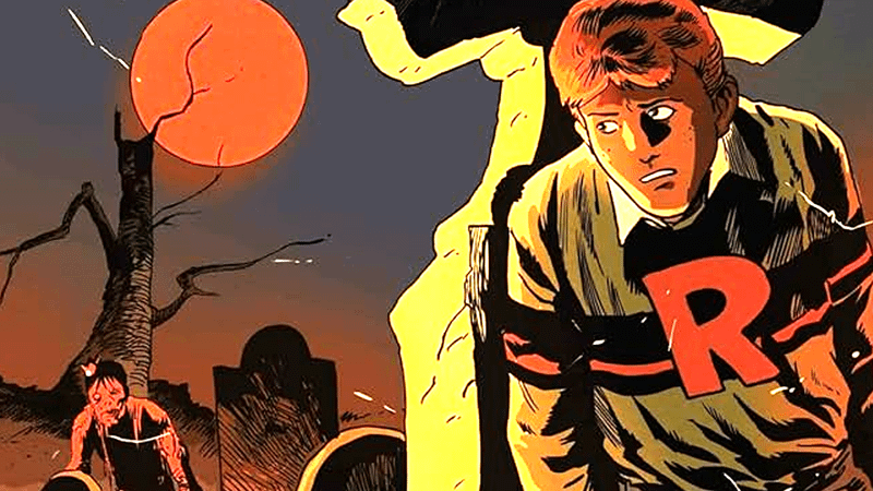 Archie hiding behind a grave stone with a zombie in the background in Afterlife with Archie