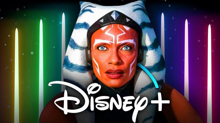 Rosario Dawson as Ahsoka with lightsabers behind her.