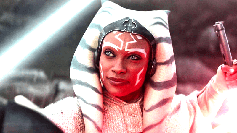 Rosario Dawson wields a white lightsaber as Ahsoka Tano in Ahsoka Season 1.