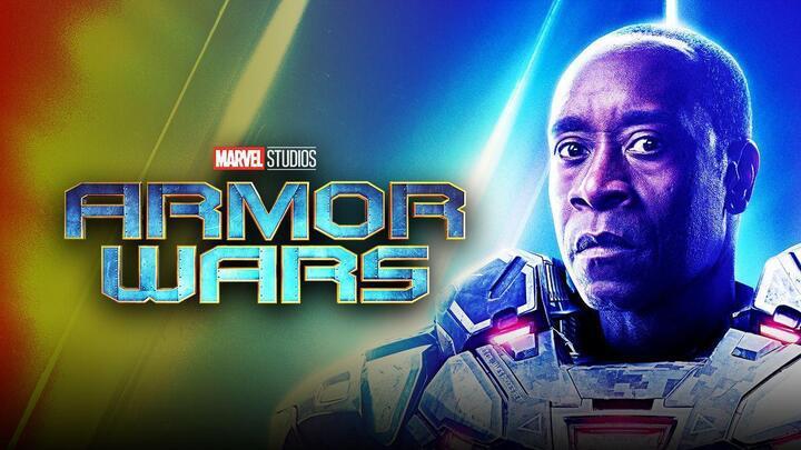 Don Cheadle as War Machine and the Armor Wars logo.