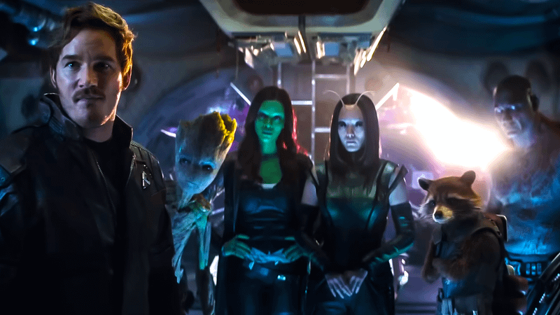 Chris Pratt as Star-Lord, Groot, Zoe Saldaña as Gamora, Pom Klementieff as Mantis, Rocket Raccoon, Dave Bautista as Drax in trailer for 'Avengers: Infinity War.'