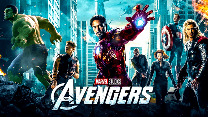 The Hulk, Hawkeye, Iron Man, Nick Fury, Black Widow, Captain America, and Thor on the Avengers poster.