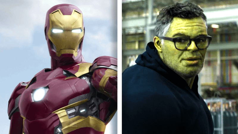 Iron Man in his suit alongside a photo of Bruce Banner in Smart Hulk form.