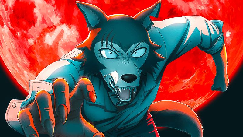 Legoshi leaping toward the camera with a red moon behind him in Beastars