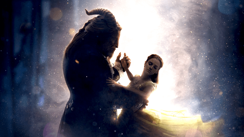 Emma Watson as Belle dancing with Dan Stevens as the Beast in Beauty and the Beast