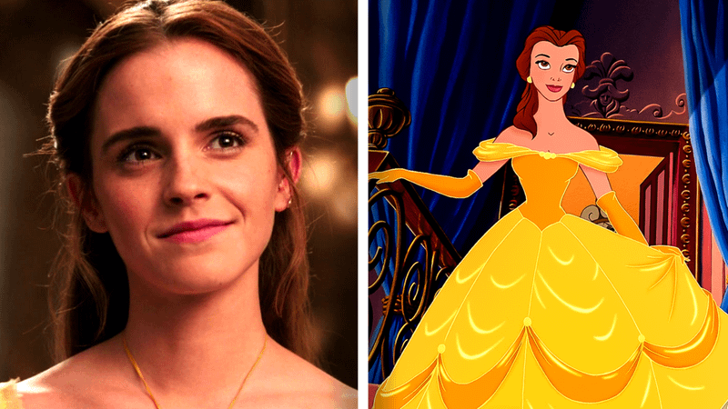 Emma Watson as Belle on the left and the animated Belle on the right.