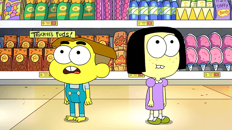 Two children standing in a grocery store aisle in Big City Greens