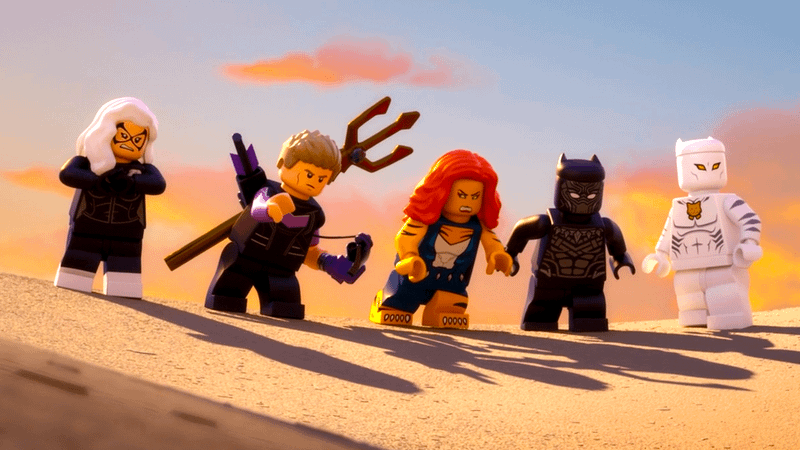 The Cat-Vengers with Hawkeye in the desert in LEGO Marvel Avengers: Strange Tails