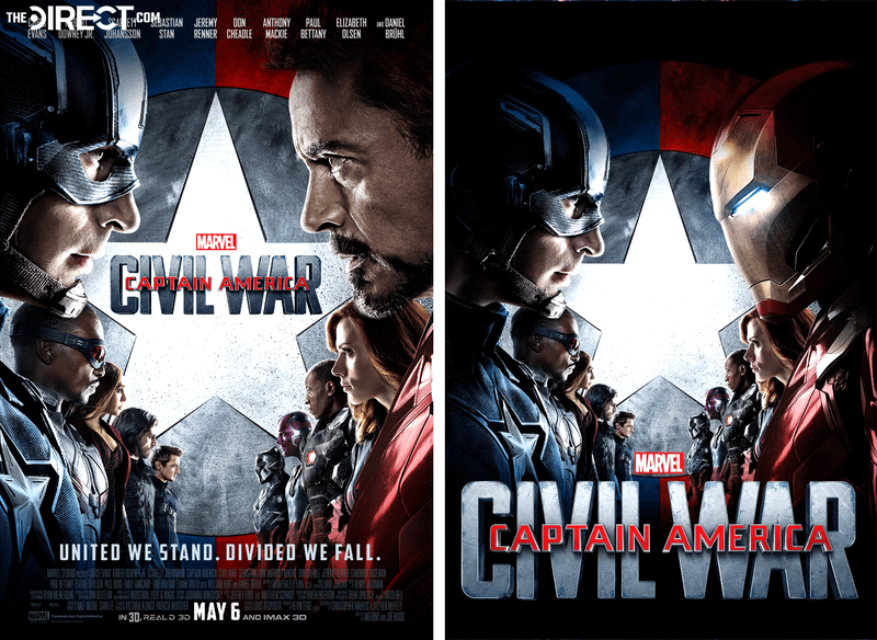 Captain America, Iron Man and other Avengers squaring off in Civil War poster.