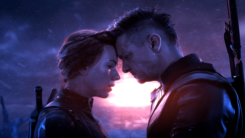 Scarlett Johansson as Natasha Romanoff and Jeremy Renner as Clint Barton in Avengers: Endgame