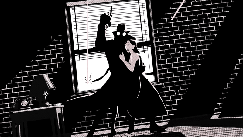Spider-Noir saving a woman. 